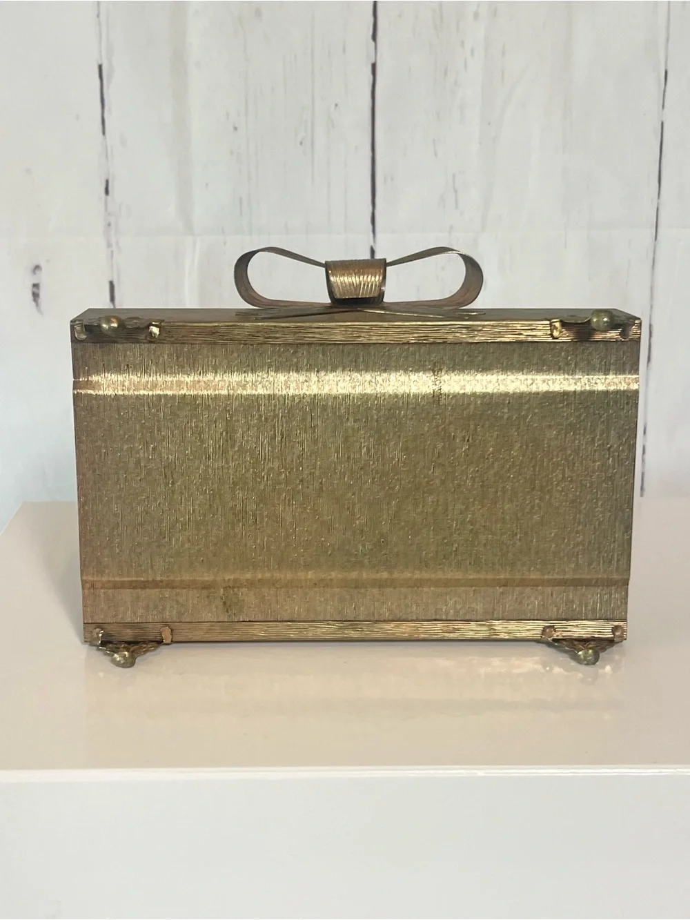 VTG Hollywood Regency Gold Filigree Tissue Box Cover Bow Scroll Foot MCM